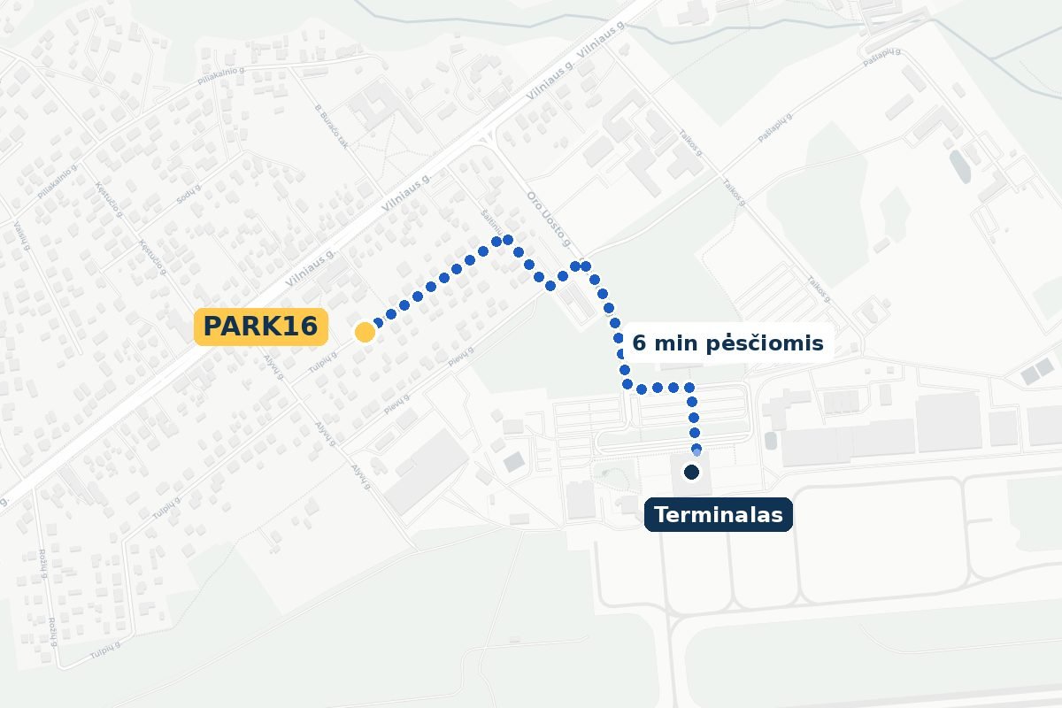 Maršrutas pėsčiomis nuo PARK16 iki terminalo su gatvių pavadinimais