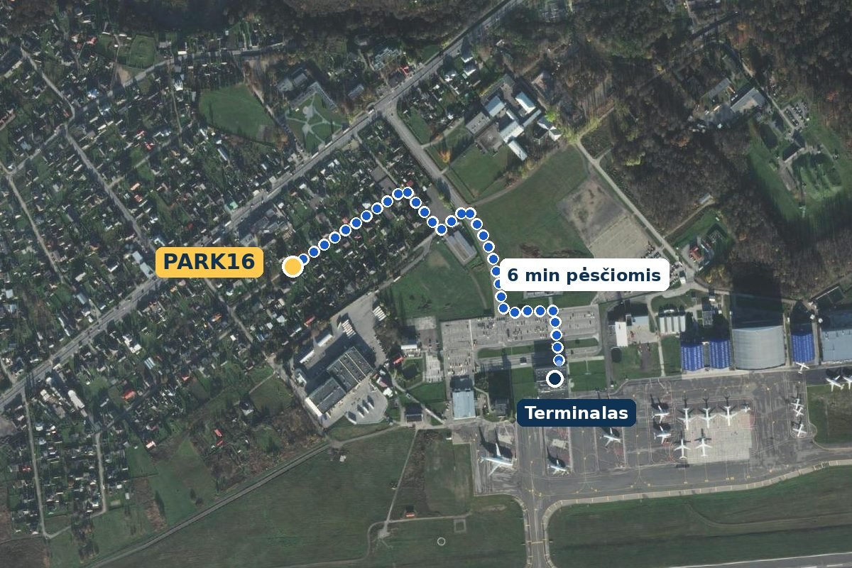 Maršrutas nuo PARK16 aikštelės iki Kauno oro uosto terminalo — palydovinis vaizdas